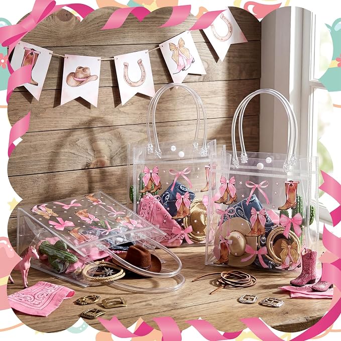 Teenyyou 24 Pcs Coquette Cowgirl Clear Gift Bags Western Boots and Pink Bow Print Transparent Tote Bags, Reusable PVC Handbags for Cowgirl Theme Party, Bachelorette, Birthday, Bridal Shower