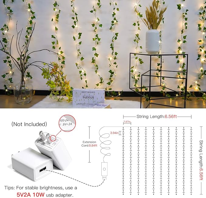 suddus Vines with Light for Bedroom, 400 LED Curtain Lights with Vines, 6.5ft x 6.5ft（2 Pack