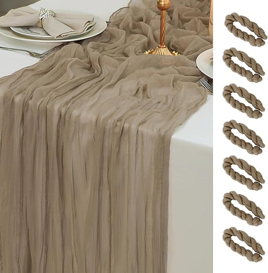 Snowkingdom 6 PCS Nude Brown Cheesecloth Table Runner, Taupe Light Tan 120 inch Long Boho Gauze Sheer Runner for Wedding Baby Shower Birthday Christmas Holiday Party Table Decorations
