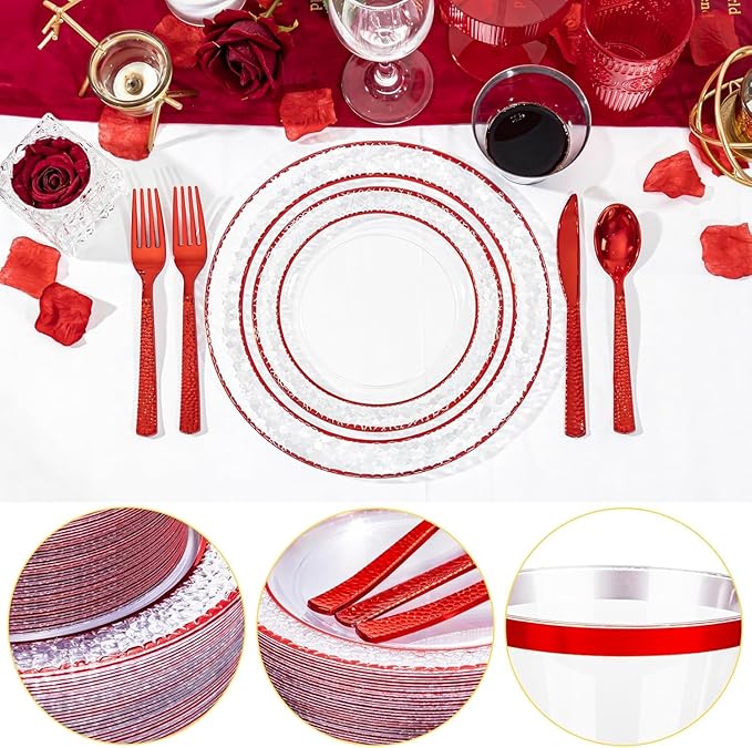 Ciaell 350 PCS Clear and Red Plastic Plates – Red Dinnerware Set for 50 Guests Include 100 Plastic Plates, 50 Pre Rolled Napkins with Cutlery Set, 50 Cups for Wedding & Party & Mother's Day