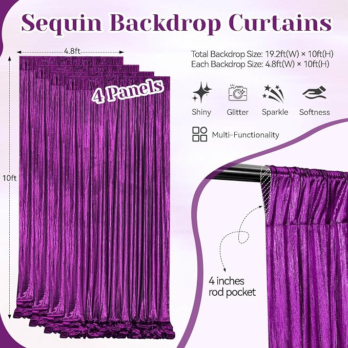Purple Sequin Backdrop Curtains 9.6x10ft - Glitter Photography Backdrops with Non-Shedding Shimmer Wrinkle-Free Stage Drapes for Birthday Halloween Studio Shoots (4.8x10ft 4 Panels)