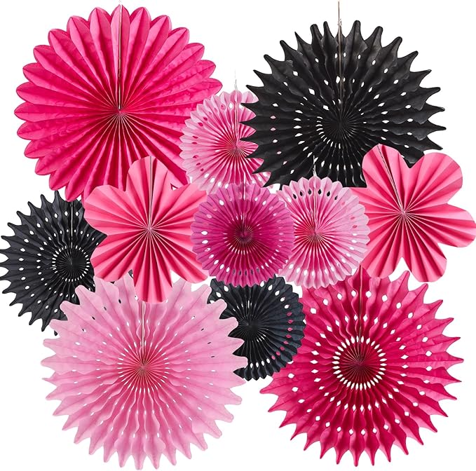 11PCS Hanging Paper Fans Decorations Pink Black Birthday Party Decorations for Girls Sweet 16 18 21st Birthday Bridal Shower Wedding Bachelorette Galentine's Party Decor Supplies