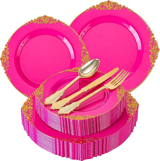 125PCS Hot Pink Plastic Plates - Pink Disposable Plate - Elegant Party Plates with Gold Plastic Silverware Sets for 25 Guests for Wedding & Birthday Party & Baby Shower