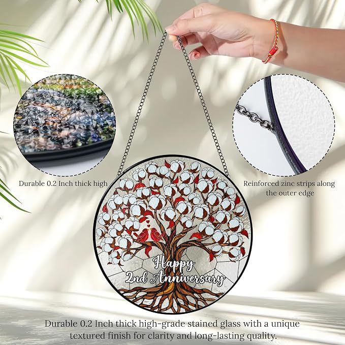 2nd Wedding Anniversary Stained Glass Suncatcher, Cotton Anniversary Wedding Gift, 2nd Anniversary Marriage Gifts for Couples, Wife, Husband or Parents, 2 Year Marriage Celebration