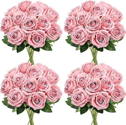 48 PCS Dusty Pink Roses Artificial Flowers - Fake Silk Floral with Long Stems Bulk for Table Centerpieces DIY Bouquet Arrangements Wedding Party Bridal Shower Vase Decorations