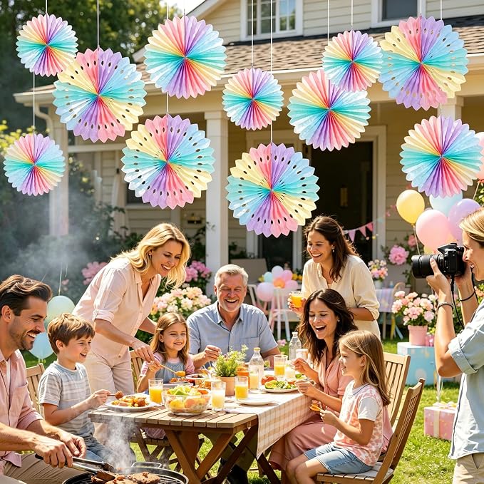 SUNBEAUTY Paper Fan, 11 Pcs Pastel Flowers for Wall, Rainbow Color-Blocking Hanging Decorations, Macarons Paper Fans Backdrop for Tea Party Weddding Spring Birthday Classroom Baby Shower Celebration
