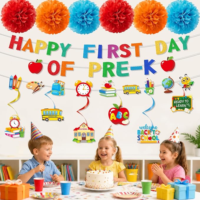 First Day of Pre-K Decorations - 15PCS First Day of Preschool Party Banners Hanging Swirls Paper Pompoms Decor, Back to School Classroom Decor Supplies