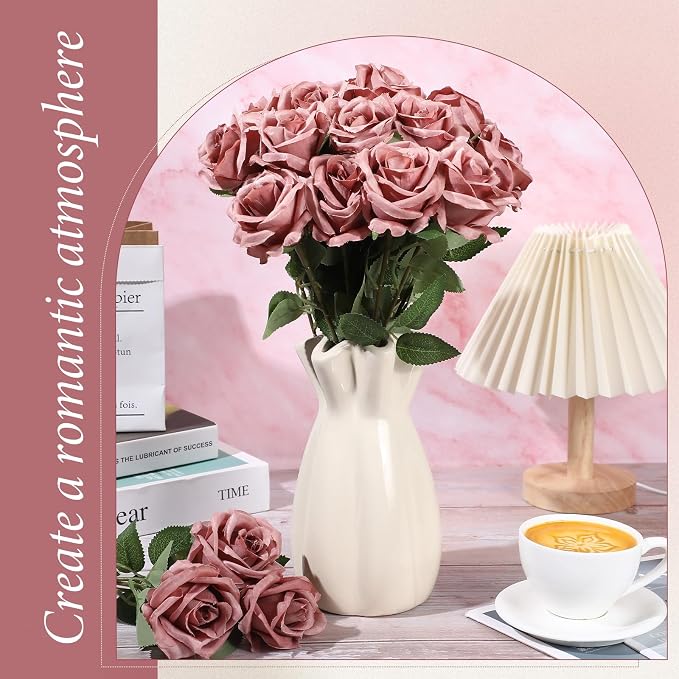 Hotop 20 Pcs Artificial Rose Flowers with Long Stem, Real Lifelike Silk Realistic Plastic Bouquet Roses Bulk for Home Decor Bridal Wedding Party Table Centerpieces Decorations(Dusty)