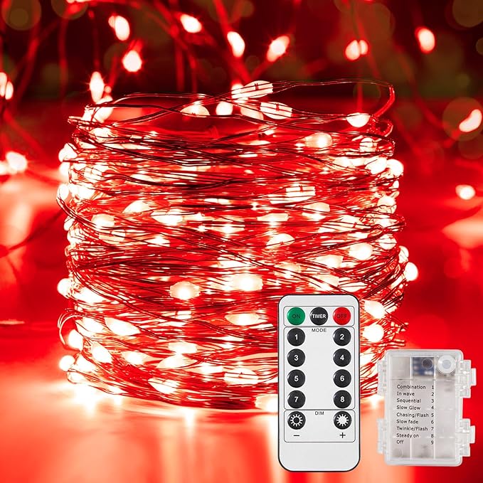 Ariceleo 4 Pack 65.6 Ft. Battery Operated Outdoor String Lights with Remote & Timer, LED Red Fairy Lights, Waterproof Twinkle Lights for Bedroom, Dorm, Mason Jar, Wedding, Party, Christmas