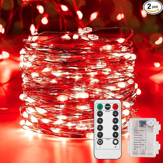 Ariceleo 2 Pack 32.8 Ft. Battery Operated Outdoor String Lights with Remote & Timer, LED Red Fairy Lights, Waterproof Twinkle Lights for Bedroom, Dorm, Mason Jar, Wedding, Party, Christmas