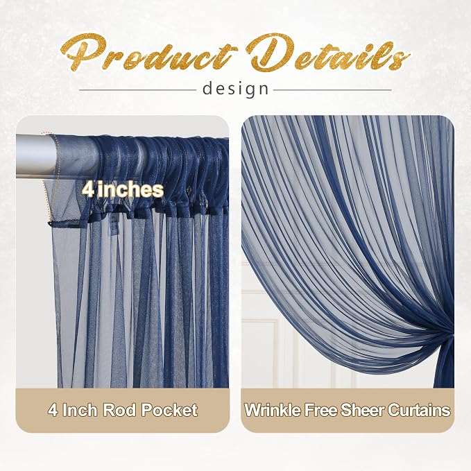 10x10ft Navy Blue Tulle Backdrop Curtain with Lights String for Parites, Sheer Photo Backdrop Curtains with Lights for Wedding Backdrop Ceremony Reception Bridal Shower Baby Shower Birthday Party