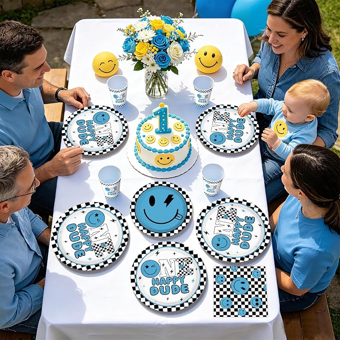 250Pcs One Happy Dude 1st Birthday Party Decorations Blue Smile Face Plates Napkins Cups Forks Tableware Set Black White Plaid Decoration for One Years Old Boy Birthday Baby Shower Supplies Serves 50