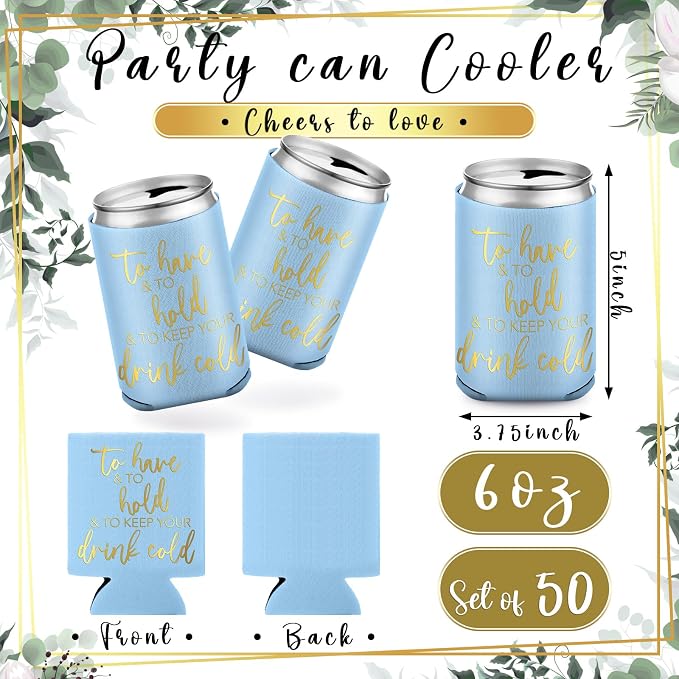 Hoteam 25 Sets Wedding Party Favors for Guests Bulk Including Can Cooler and Paper Folding Fans with Wedding Decor Table Sign Cheers to Love for Bridal Shower Party Souvenir(Classical,Blue)