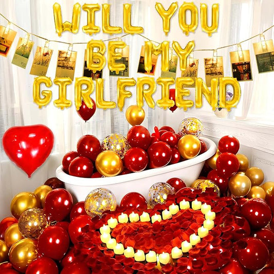 Will You Be My Girlfriend Balloons - Photo Clip String Light, 16'' Balloon Letters, Alphabet Foil Mylar Balloon, 18" Heart Shaped Balloon with 100 Petals for Valentine Anniversary Decorations