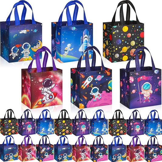 Kigeli 30 Pcs 6 Style Space Goodie Bags, Space Party Favors Large Non-woven Gifts Bags with Handles, Astronaut Planet Rocket Goodie Candy Tote for Baby Shower, Galaxy Theme Birthday Party Supplies