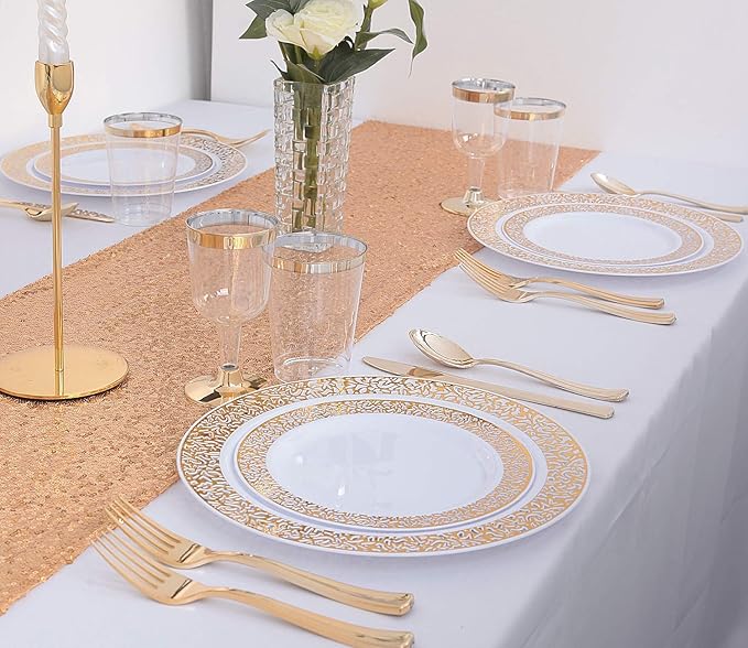 WDF 150PCS Gold Plastic Plates Set - Gold Plates 25Guests Gold Disposable Dinnerware Sets for Wedding Party Birthday