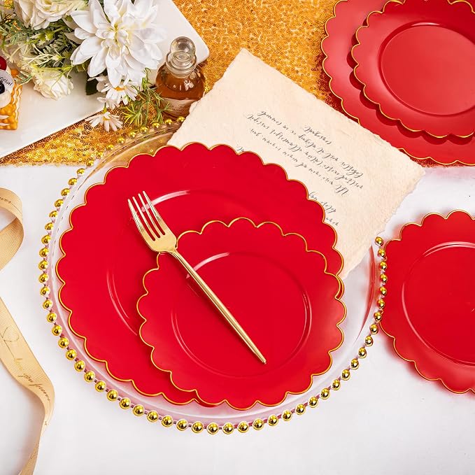 LIYH 60 Pcs Red Plastic Plates Disposable with Gold Edge Scalloped Red Gold Disposable Plates Includes 30 Dessert & 30 Dinner Plate Dishes Tableware for Party