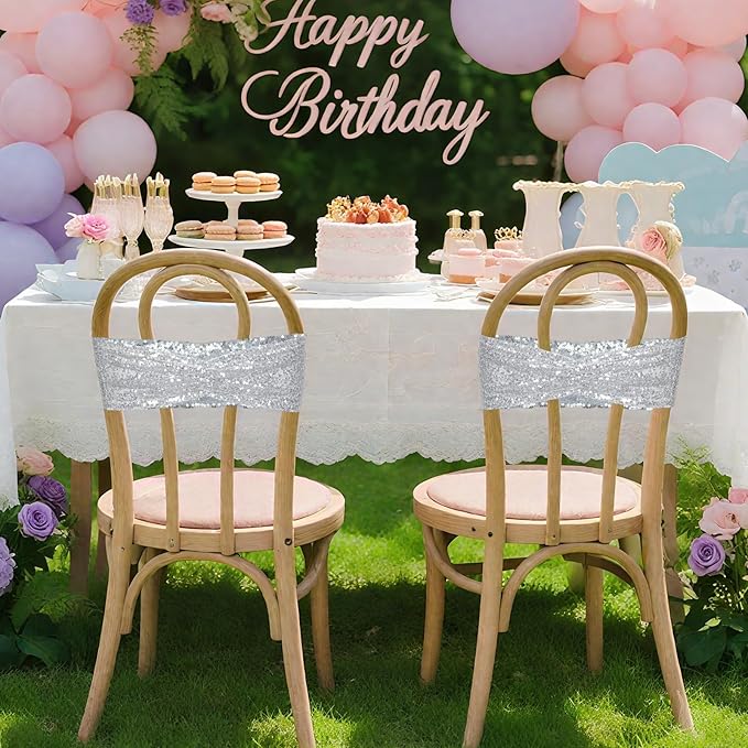 Poise3EHome Silver Sequin Chair Sashes Folding Chair Covers Bow for Party Wedding Reception Decorations, 100 PCS