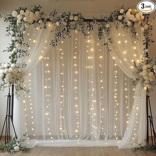 10x10ft White Tulle Backdrop Curtain with Lights String Sheer Drapes for Wedding, Birthday, Baby Shower, Bridal Shower, Photo Booth, Party, Home Decor (2 Panels, White)
