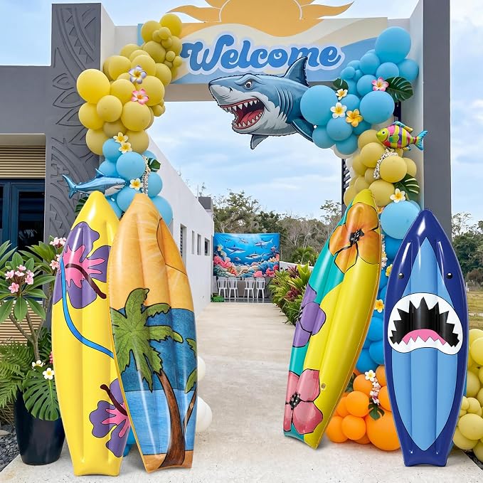 JellyArch 4 Pcs Hawaiian Inflatable Surf Board 36 Inch Inflatable Luau Hawaiian Pool Party Decorations Frangipani Tropical Blow up Surfboard Pool Float Palm Tree for Wall Birthday Beach Party Decor