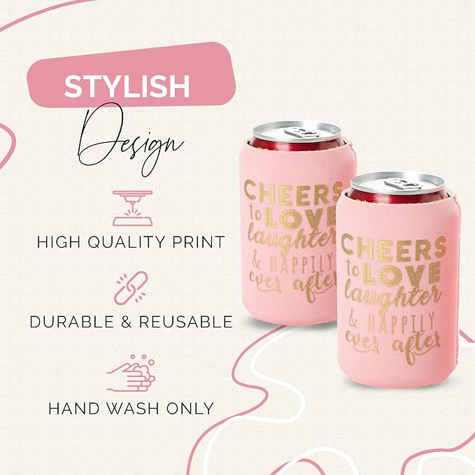 Wedding Can Cooler Decorations Set of 12 - Cheers to Love Laughter and Happily Ever After, Wedding Rehearsal Dinner Decorations - Bridal Showers, Engagement Party Favors for Guests and Supplies