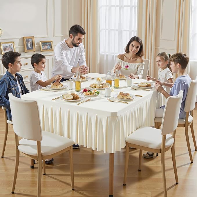 Wish Care Ivory Spandex Tablecloths for 48x48 Inch Square Tables, Stretch Fitted Table Clothes with Pleated Ruffle Skirt for 48” Table, Wrinkle Free and Elastic, for Party Kitchen Home Dining