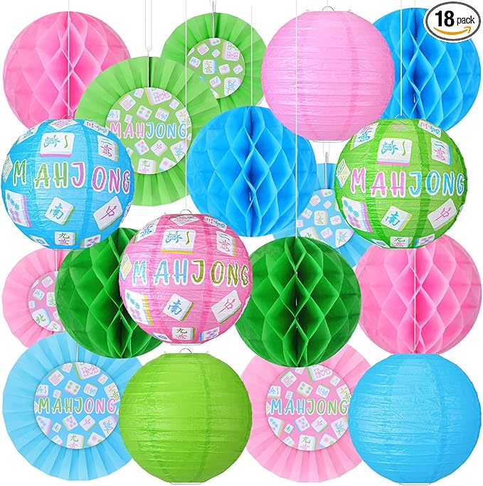 Retisee 18 Pcs Mahjong Party Decorations Mahj Hanging Paper Lanterns Honeycomb Fans Honeycomb Ball for Game Night Mahjong Night Celebrations Party Supplies