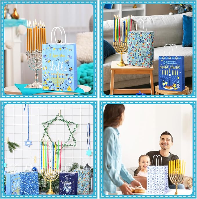 Outus 48 Pcs Hanukkah Party Favor Bags Chanukah Gift Goodie Paper Bags with Handles Jewish Menorah Blue Star of David Dreidel Candy Treat Pouch for Happy Hanukkah Party Decorations Supplies