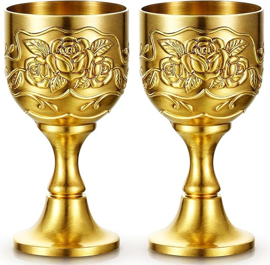 Nosiny 2 Pcs Mini Chalice Goblet Vintage Gold Copper Wine Small Chalice Cup Medieval Wine Glasses Zinc Alloy Flower Embossed Shot Glasses for First Communion Altar Drinking (1 oz)