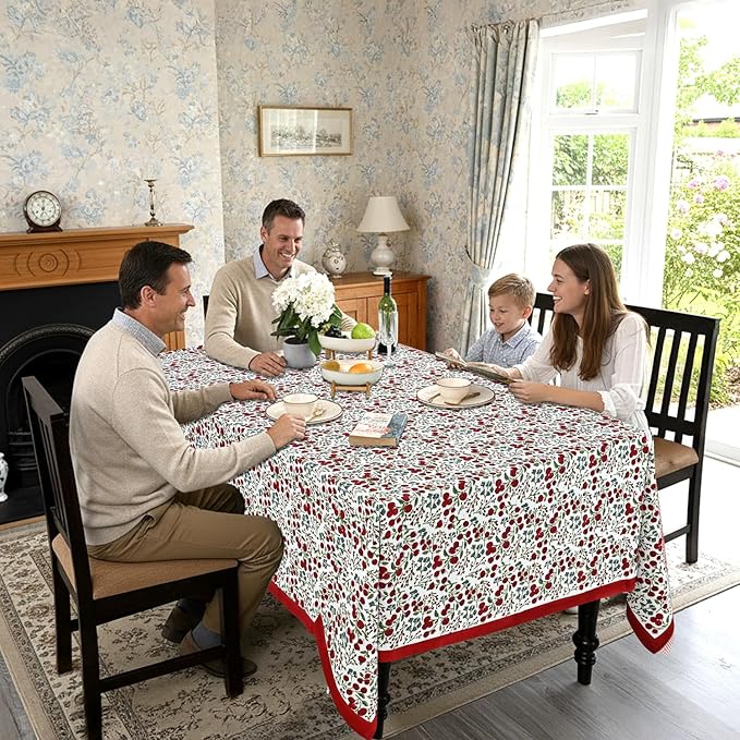 Ridhi Garnet Red Hand Block Print Cotton Rectangle Tablecloth 190" x 72" inches Reusable Table Cover Decorative Everyday Use for Dining Room, Farmhouse, Home Gift for Spring, Mother's Day