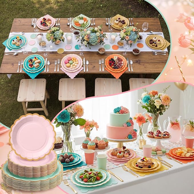 Zhehao 150 Pcs Colorful Coral Plates and Napkins Tableware Serves 50 Includes 9 Inch 7 Inch Rainbow Scalloped Wave Edges Paper Plate and Napkins for Wedding Birthday Baby Shower Party