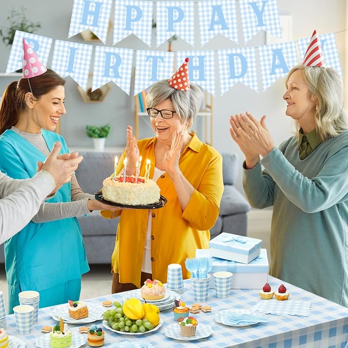 LemonRoad 128 Pcs Blue and White Birthday Party Decoration for 25 Guests, Gingham Checkered Light Blue Birthday Paper Plates Napkins Cups Tablecloth Forks Banner for Birthdays Picnic Party Supplies