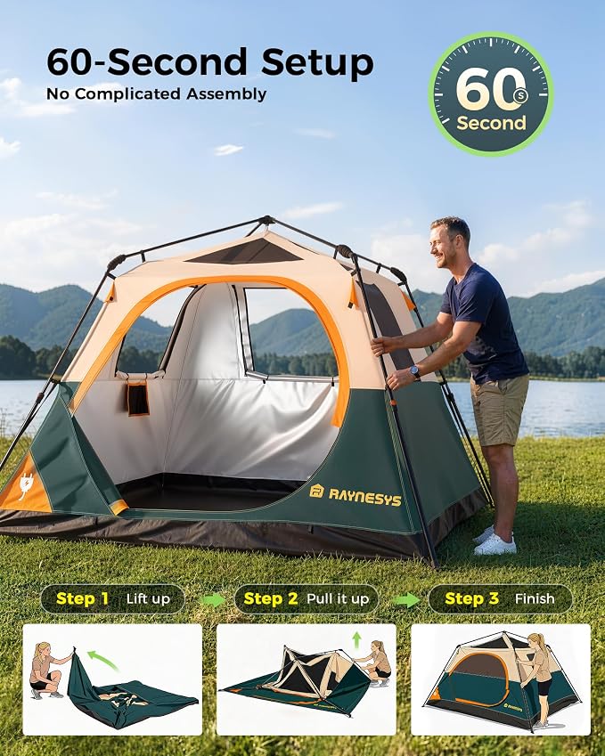 4 Person Instant Tent, Camping Tent Setup in 60 Seconds, Waterproof Pop Up Tents for Camping with Top Rainfly, Instant Cabin Tents with Portable Carry Bag for Family Camp & Hiking, Green + Brown