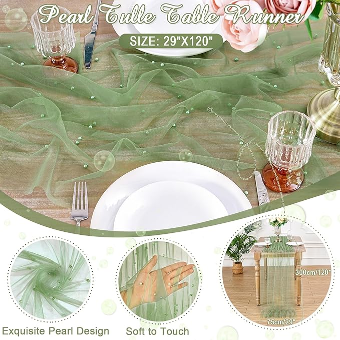 Pearl Table Runner Tulle Lace: 10 ft Tulle Table Runners Pearl Sheer Table Cover Fabrics for Wedding Arch Dessert Table Decorations Sage Green