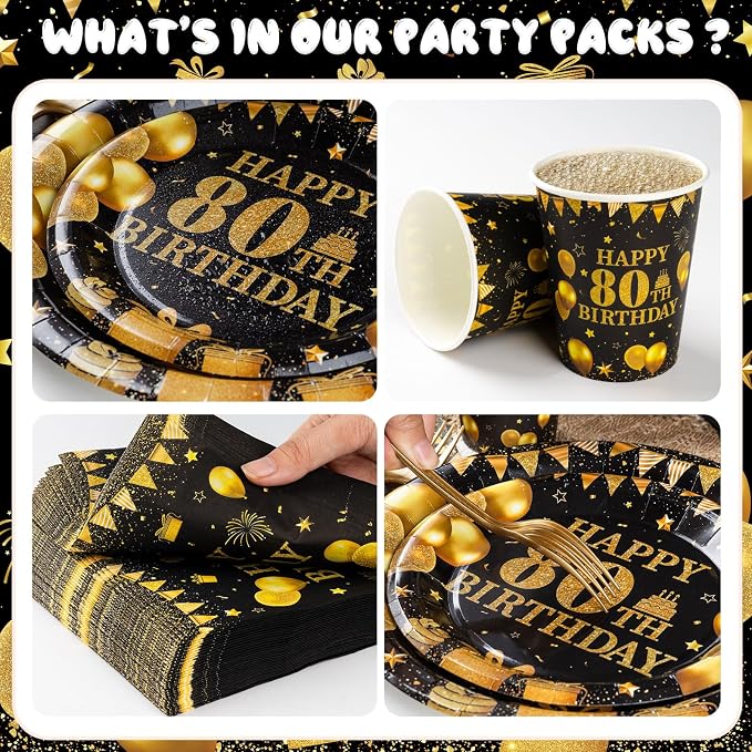350PCS 80th Birthday Party Decorations for 50 Guests Black and Gold Party Supplies Include Disposable Paper Plates, Napkins, Cups, and Tableware
