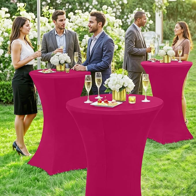 Moosfor Spandex Cocktail Table Covers 4 Pack, Elastic Fitted Stretch Table Cloth, Round High Top Tablecloths for Bar, Party, Pub, Wedding & Banquet (Fuchsia, 32x43 Inch)