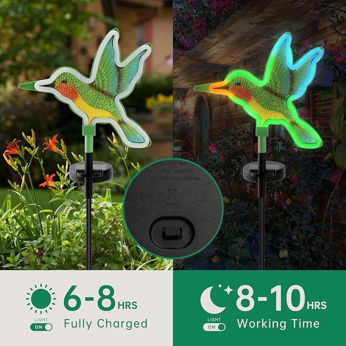 Solar Hummingbird Garden Lights 2 Pack, Colorful Neon Glow LED Solar Stake Lights, Waterproof Outdoor Decorative Landscape Lighting for Yard, Patio, Gifts for Mom