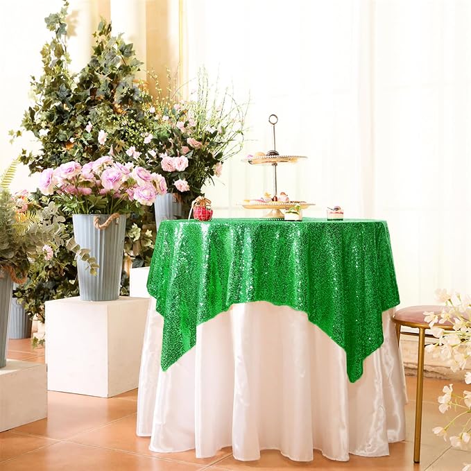 Eternal Beauty Green Tablecloth, 50x50 Inch Sequin Square Glitter Table Cover for Cake Dessert Exhibition Party Birthday Events