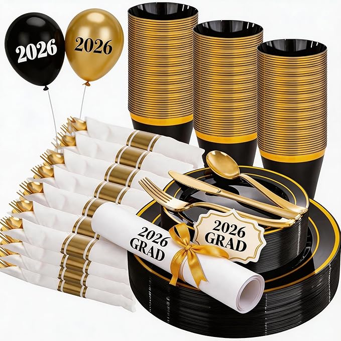 WELLIFE 210PCS Black and Gold Plastic Plates - Plastic Dinnerware Set for 30 Guests,Include 30 Dinner Plates, 30 Dessert Plates, 30 Black Cups 9 OZ, 30 Pre Rolled Napkins with Gold Silverware