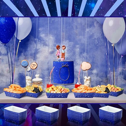 Hoolerry 48 Pcs Space Theme Party Paper Food Trays Galaxy Starry Night Paper Food Boats Snack Candy Popcorn Nacho Hot Dog Trays Serving Bowl for Buffet Birthday Party Decorations