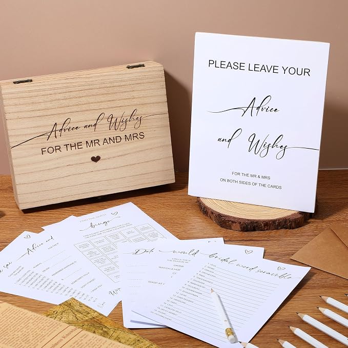 Silipull Bridal Shower Games Set for 50 Guests Includes Bingo, He Said She Said, Scramble, Would She Rather, Advice and Wishes Wedding Games Double Sided with Wooden Box, 20 Pencils(Minimalist)