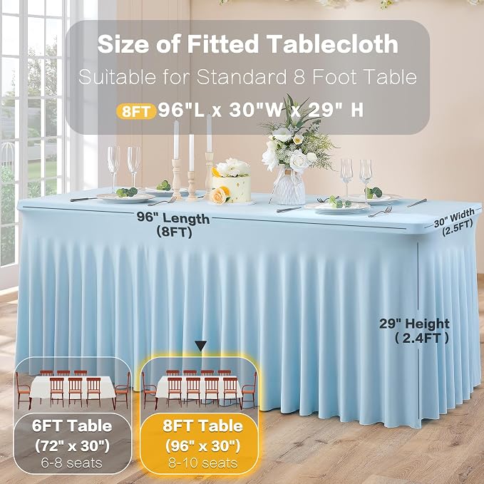 4 Pack Spandex Baby Blue Tablecloth for 8 Foot Rectangle Tables, Wrinkle Free Fitted Table Cloth 8ft Stretchy Light Blue Tablecover Desk Skirt for Birthday Party Wedding Banquet Baby Shower