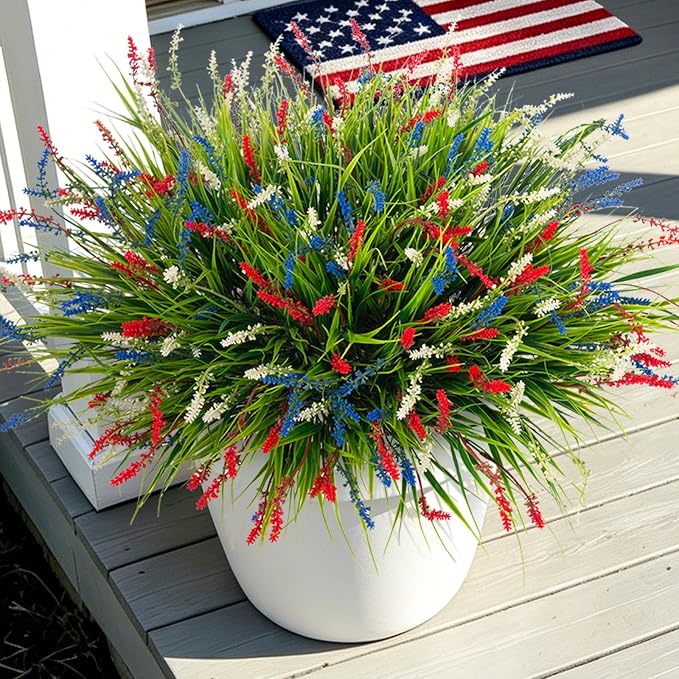 Ammyoo Artificial Faux Plants for Outdoor Spring Decoration, 12 Pcs Fake Monkey Grass for Garden Porch Balcony Planters, Fake Flowers Shrubs UV Resistant No Fade Plants Greenery Bush (Red Blue White)