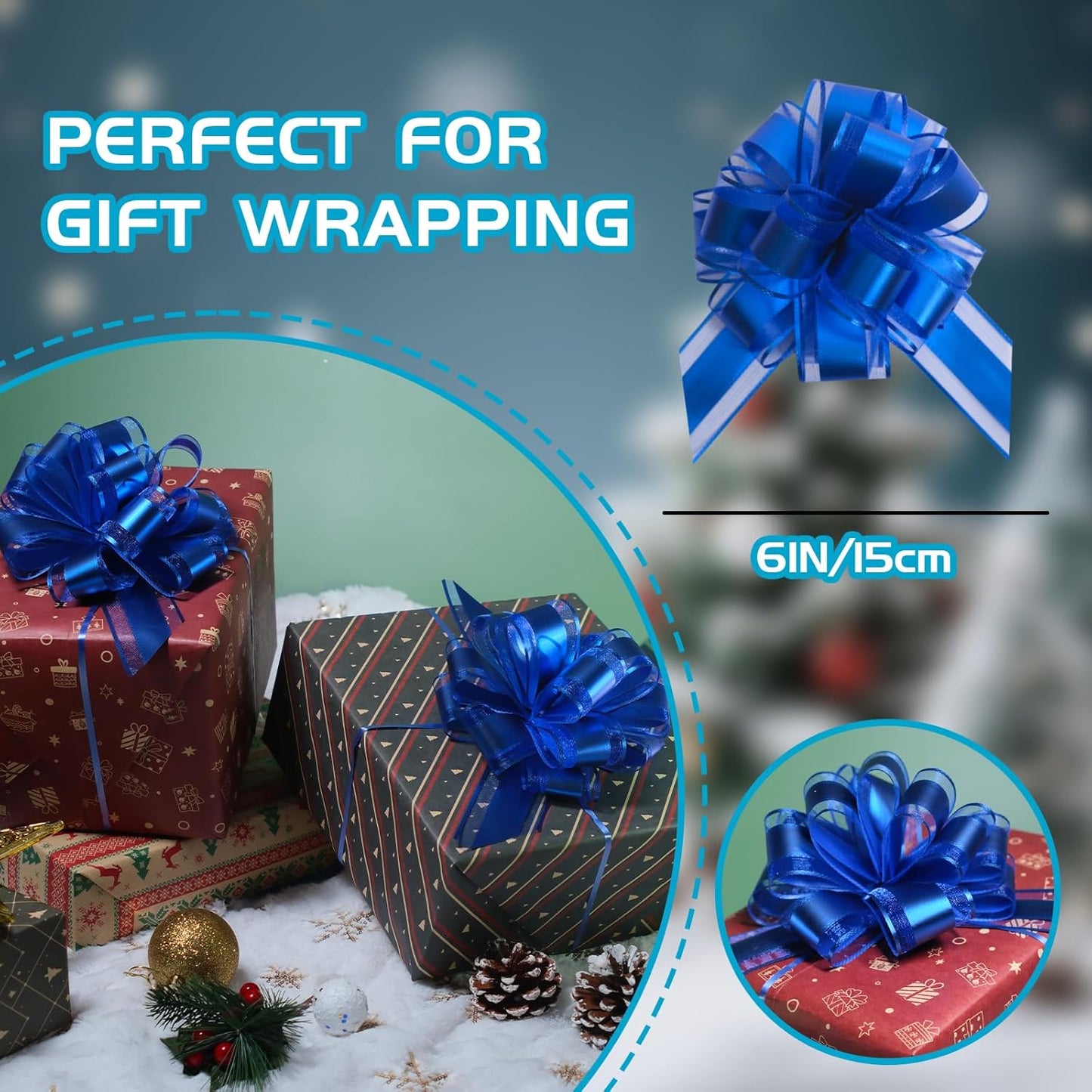 6 Pcs 6 Inch Blue Pull Bows, Perfect for Gift Wrapping, Weddings, Party Decorations, Crafts Easy-to-Use Pull Bows for Gifts and Events