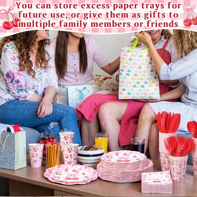 Funnymoom 400 Pcs Cherry Bow Birthday Party Supplies for 50 Guests Bow Cherry Paper Plates and Napkins Knives Spoon Fork Cup Disposable Coquette Birthday Dinner Sets for Bachelorette Party
