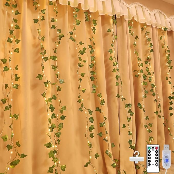 A.bigwhale Vines Lights for Bedroom, 6.5ft x 6.5ft Ivy Garland with 200 LED Vine Artificial Fairy Lights Curtain 8 Modes, USB Hanging Vine Lights for Wedding Window Wall Party Christmas Decoration