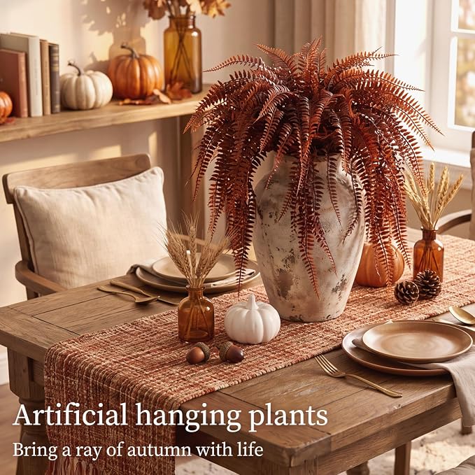 Daifunli 24 Pcs Artificial Fall Hanging Plants Fake Hanging Ferns Plastic Autumn Faux Plants for Wall Room Garden Garland Indoor Outdoor Decor No Basket (Fall Boston)