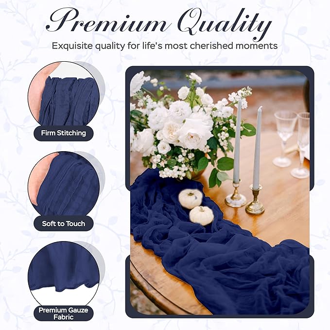 Cheesecloth Table Runner 8 Pack – 35x120 Inch (10ft) Boho Rustic Gauze Cloth Runners – Crinkle Polyester Table Decor for Wedding, Baby Shower, Bridal Shower, Birthday Party and More (Navy Blue)