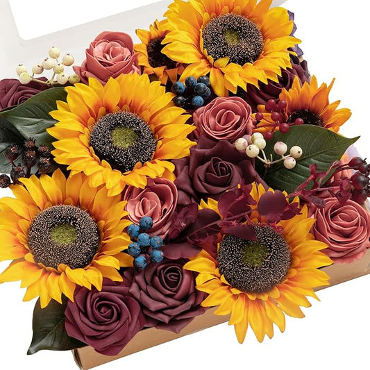 Ling's moment Fake Flowers Box, Faux Artificial Greenery Stems Foam Roses Berry Silk Sunflower Fabic Flower for Centerpieces Bouquet Wedding Vase Decorations, Sunflower & Marsala, Grand Combo