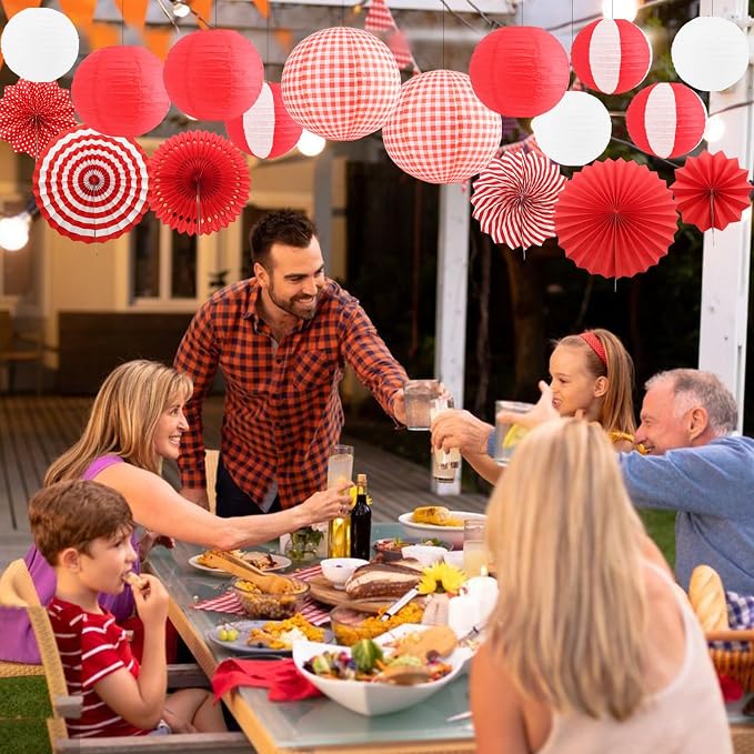 16 Pcs Picnic Party Decorations Kit, Hanging Red and White Checkered Paper Lanterns Paper Fans for Summer Barbecue Birthdays Holidays Picnic Party Supplies